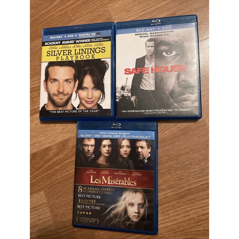 Blu-ray DVD Lot of 3 Silver Linings Playbook Safe House Les Miserables
